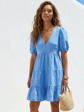 Ever New Melbourne 100% Linen Light Blue Dress Size 2 US